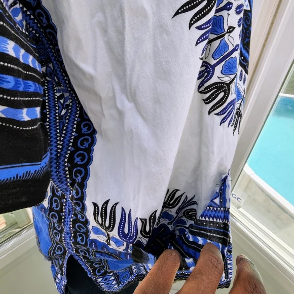 Blue & White Traditional Print Short Sleeve Cotton Dashiki Tunic Shirt Unisex - Picture 9 of 15